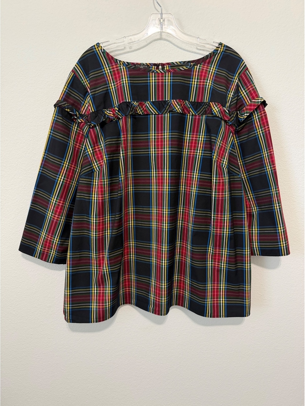 Talbots 3/4 Sleeve Round Neck Plaid Ruffle Popover Blouse Women's Size 2X